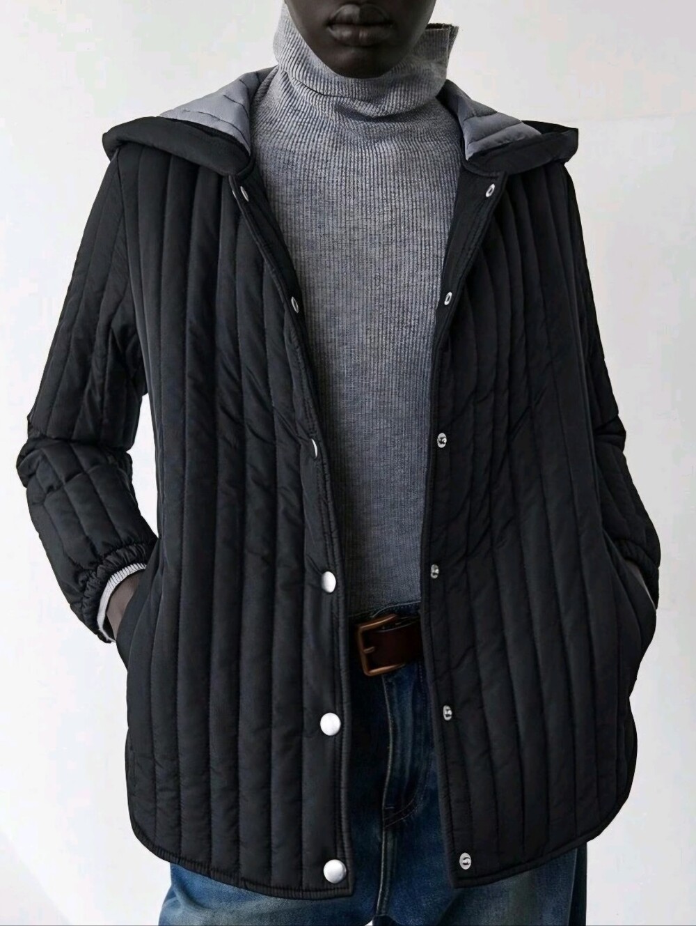 Women Black Puffer Jacket Coat Size M Long Sleeve Pockets Lightweight Striped